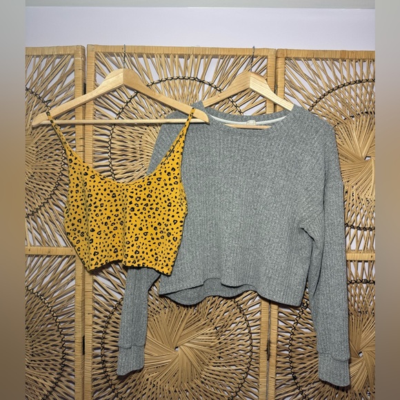 Sunday Best Tops - Artizia Size L Yellow Leopard Print Crop Top/Oversized Grey Long-sleeve Bundle